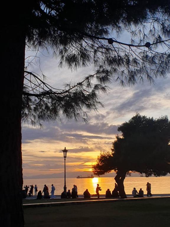 Grupa ludzi siedząca na plaży i oglądająca zachód słońca w obiekcie DS apartment w mieście Bitola