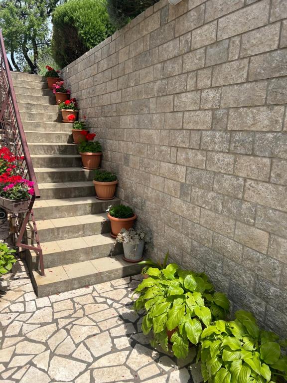 a staircase with potted plants on a brick wall at Apartment Ivanka in Senj