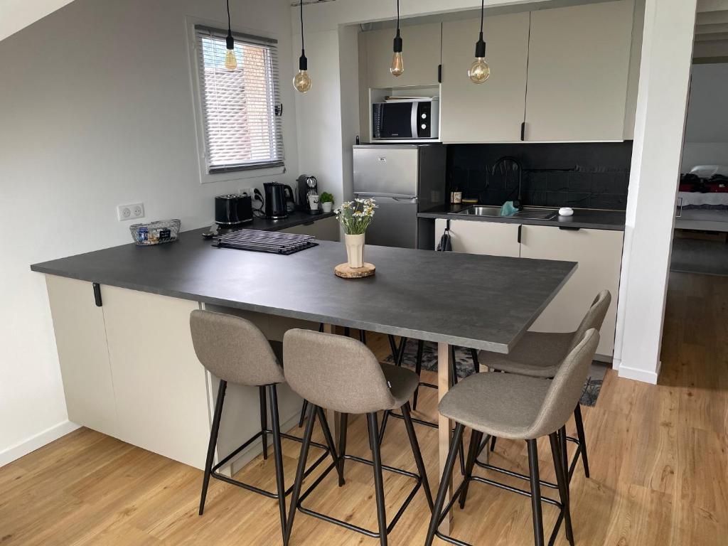 eine Küche mit Tisch und Stühlen in einem Zimmer in der Unterkunft Superbe T3 A DOUSSARD in Doussard