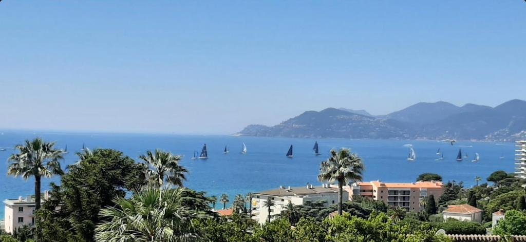 - une vue sur l'océan avec des voiliers dans l'eau dans l'établissement Le Paradis d'Ella, à Cannes