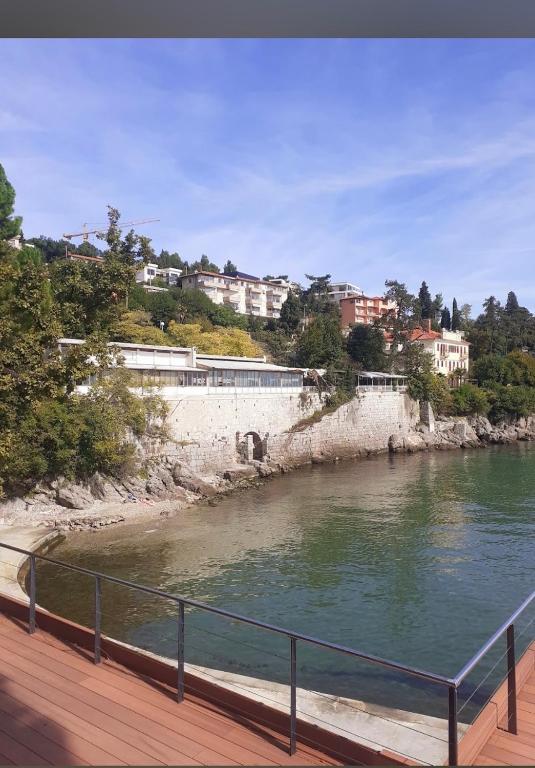 a view of a body of water with houses on a hill at Apartments Villa Dinka in Opatija