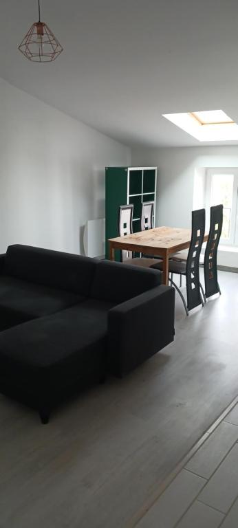 un salon avec un canapé noir et une table dans l'établissement Les petits cosy, à Nancy