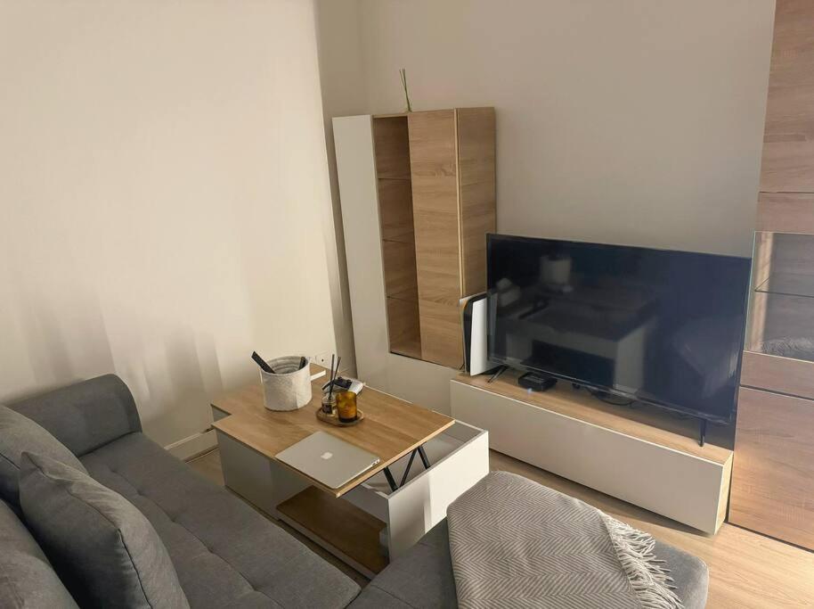 un salon avec un canapé et une télévision à écran plat dans l'établissement ASCosy appartement, à Asnières-sur-Seine