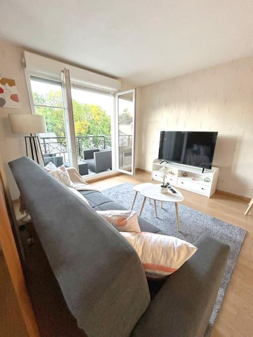 un salon avec un canapé et une télévision dans l'établissement Charme & Confort T2 Lumineux entre Paris and Disney, à Villiers-sur-Marne