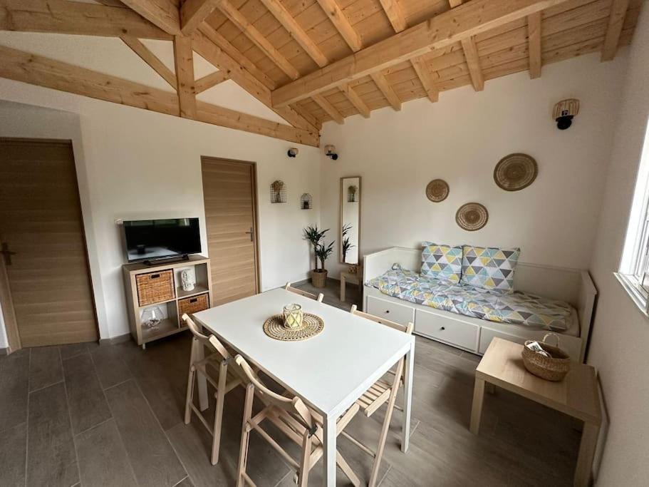 un salon avec une table et un canapé dans l'établissement apparement 6 personnes avec jardin, à Ondres