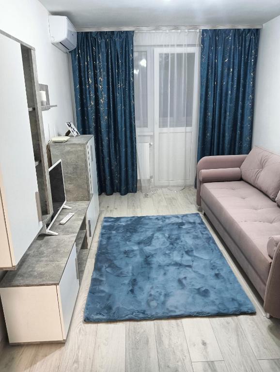 a living room with a couch and a blue rug at Apartament HD3 in Hunedoara