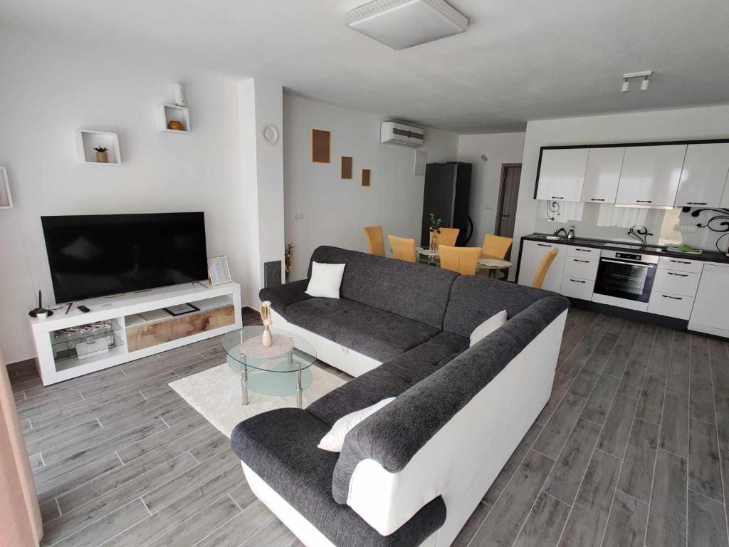 a living room with a couch and a tv at Apartments Mišković in Vir