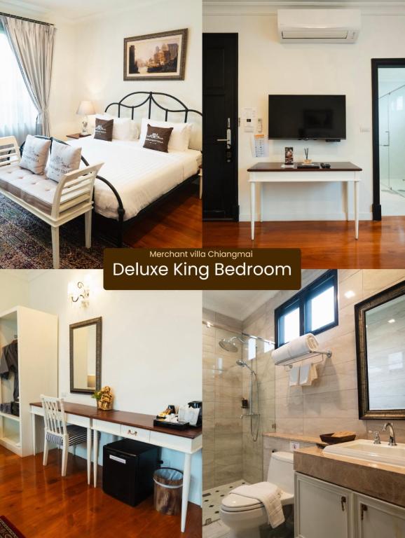 A collage of a Deluxe King Bedroom with a desk, television and tiled shower bathroom.