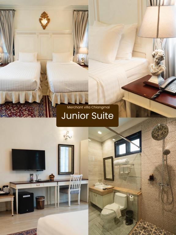 A collage of the Junior Suite showing twin beds, a desk and a walk-in shower.