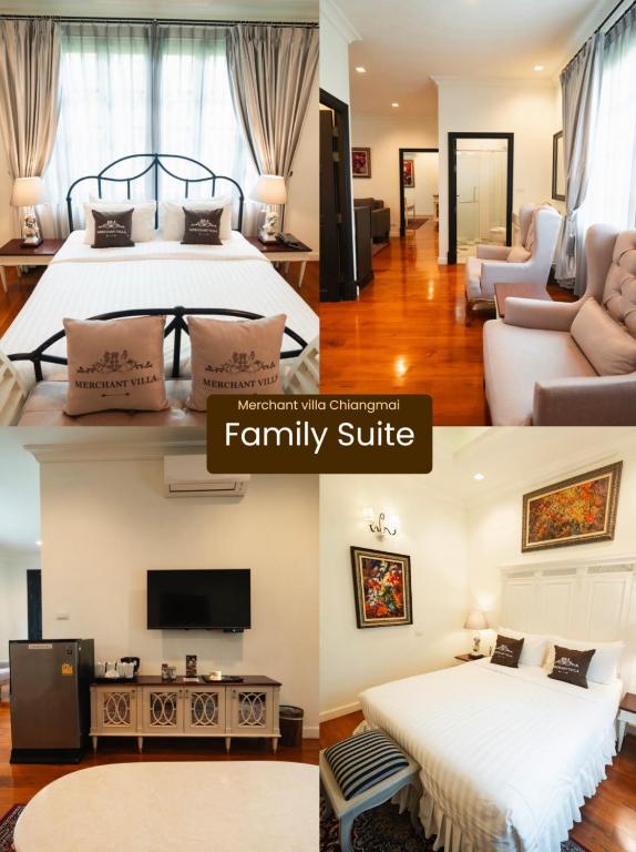 A family suite collage showing a main bed, additional seating, television, mini-fridge and another sleeping area.