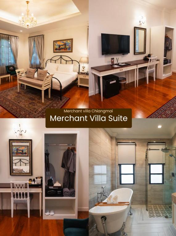A suite living area with a sofa, desk, television and a large bathroom featuring a tub and shower enclosure.