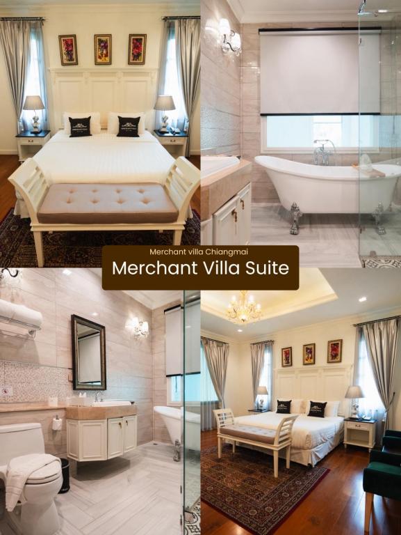 A traditional suite with a curtained bed, separate bathtub, glass shower and compact seating area.
