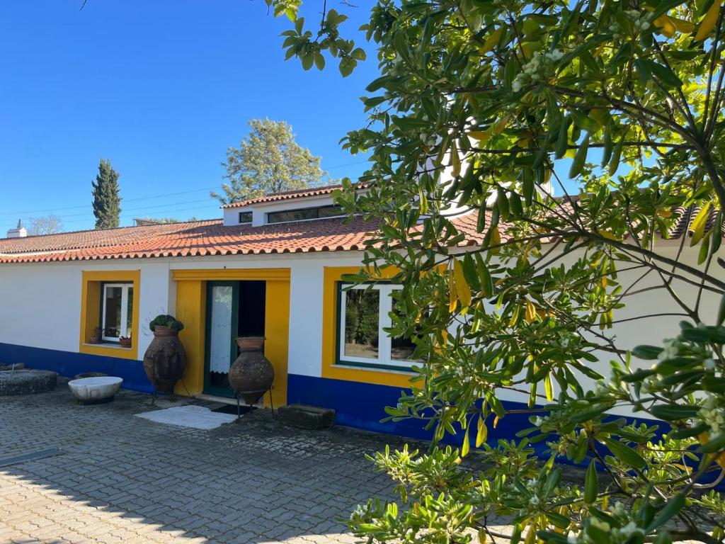 a yellow and blue house with vases in front of it at Casa 18 in Évora