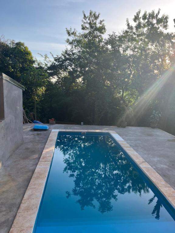 une piscine dans une arrière-cour avec des arbres en arrière-plan dans l'établissement Parana house, à Puerto Iguazú