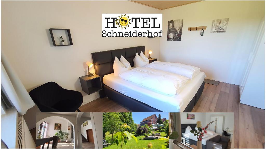a hotel room with a bed and a sign on the wall at Hotel Schneiderhof in Braunlage