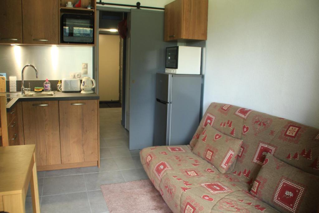 un salon avec un canapé et une cuisine dans l'établissement Gentianes GNB66 COSY & MOUNTAIN 3 Pers, à Châtel