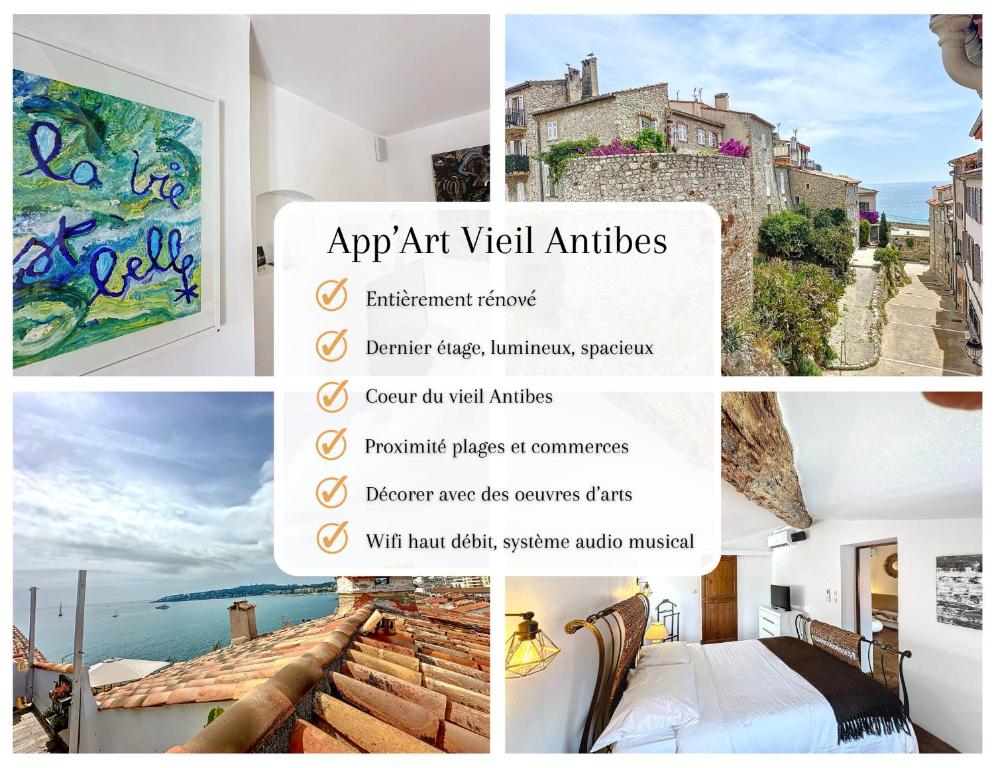 un collage de photos avec une publicité pour une galerie d'art dans l'établissement App'Art Vieil Antibes, à Antibes