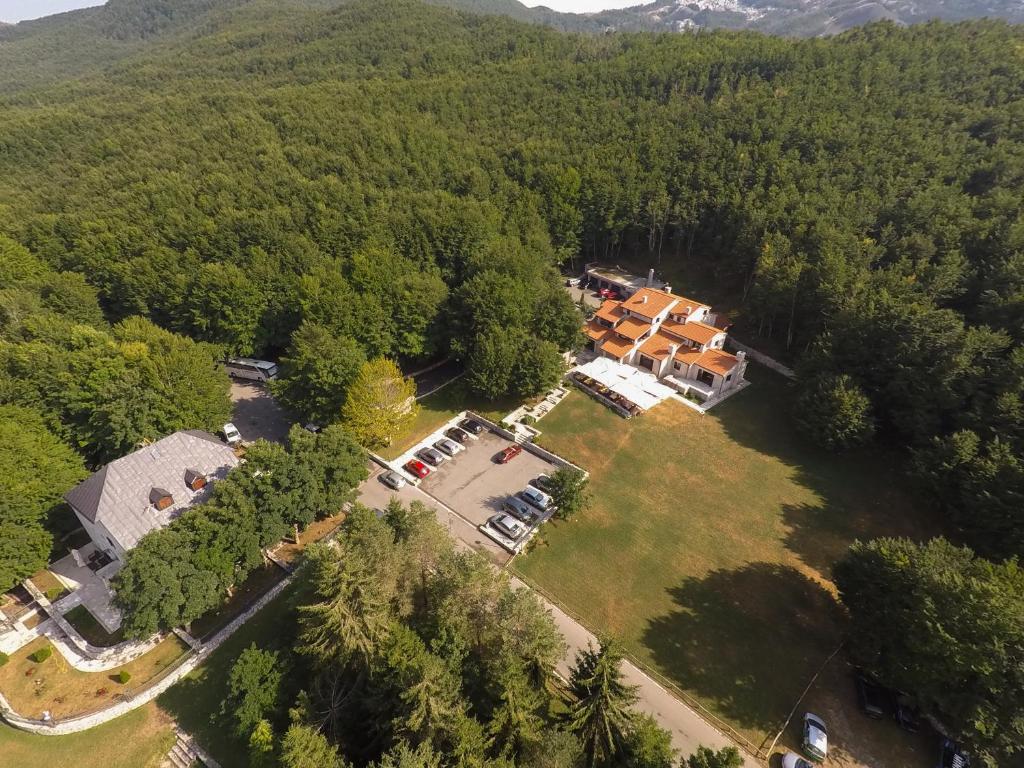 eine Luftansicht eines Hauses im Wald in der Unterkunft Hotel Ivanov Konak in Cetinje