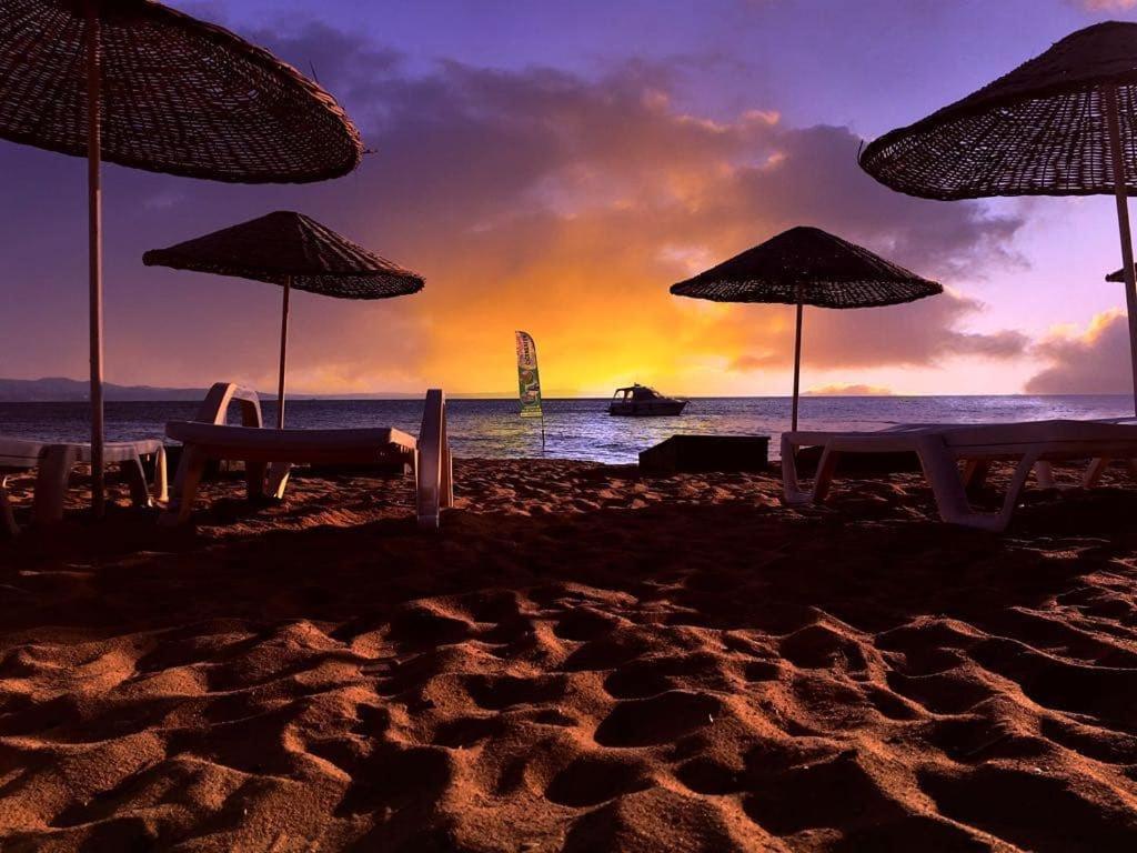 a beach with umbrellas and the ocean with a boat at Çiçek Evler Tatil Köyü in Armutlu