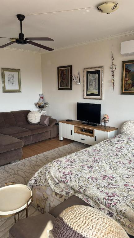 TV a/nebo společenská místnost v ubytování Kazanlak DOWNTOWN Central Apartment Guesthouse with Full Kitchen, Panoramic Views, Self Check-in & Free Parking, Best Value!