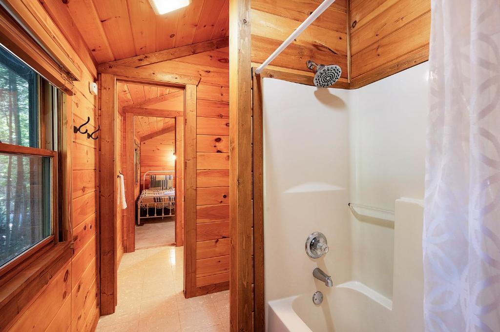 a bathroom with a shower and a tub in a room at Hazy Hideaway with View of Ellijay River in the North GA Mountains in Cherry Log