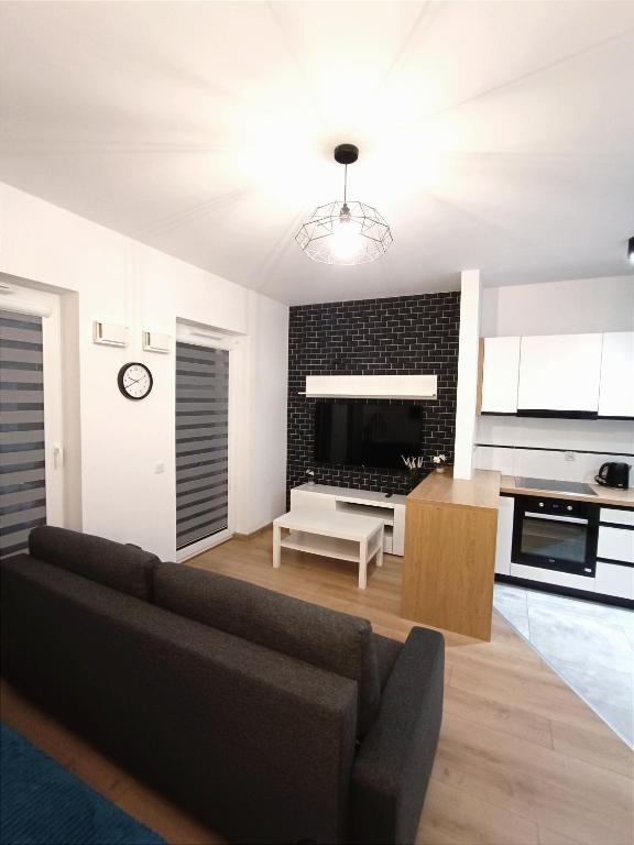 a living room with a couch and a kitchen at AlfaHome Neopolis Parking in Łódź