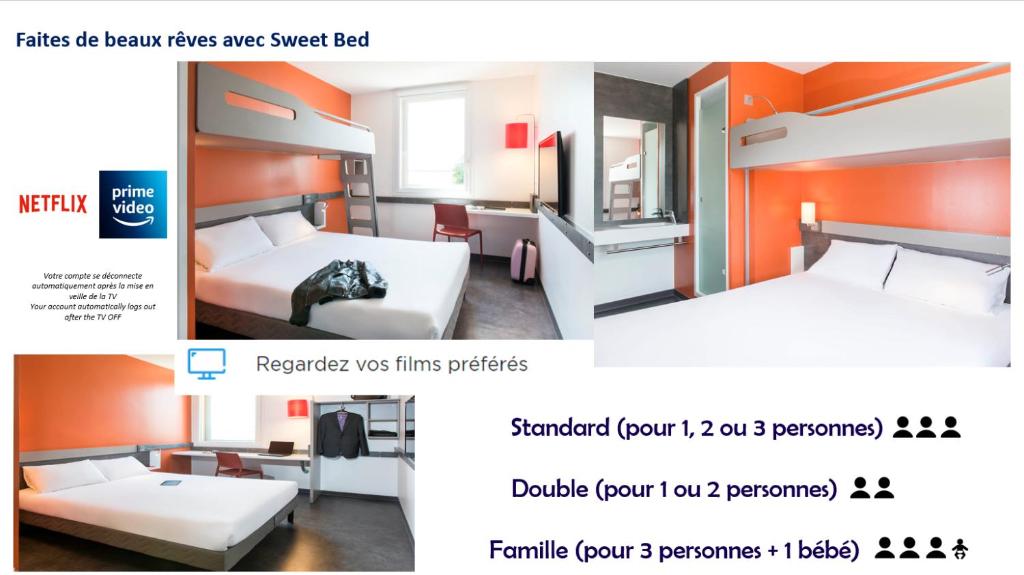 un collage de deux photos d'une chambre d'hôtel dans l'établissement ibis budget Aéroport Lyon Saint Exupéry, à Saint-Exupéry
