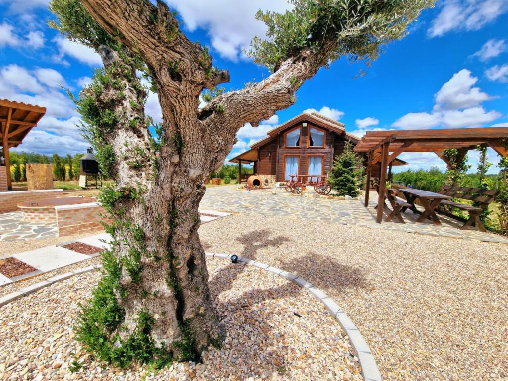 a large tree in front of a house at Casa rural Cabaña de la Huerta in Navahermosa