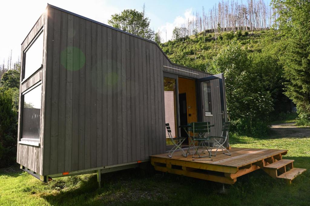 a green tiny house with a wooden deck at Tiny House Nature 15 - Green Tiny Village Harz in Osterode