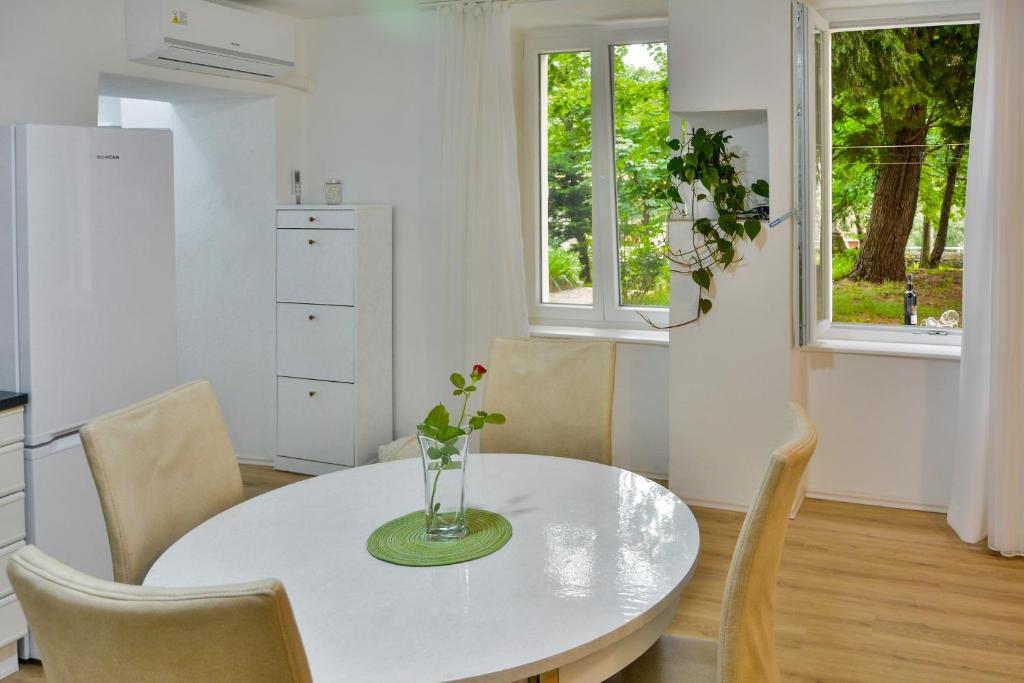 a white kitchen with a white table and chairs at Apartment Bela in Senj