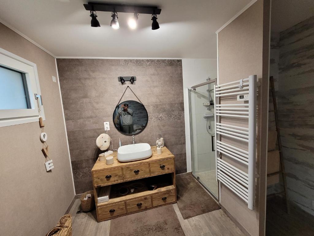 a bathroom with a sink and a mirror at Baune in La Bazoge