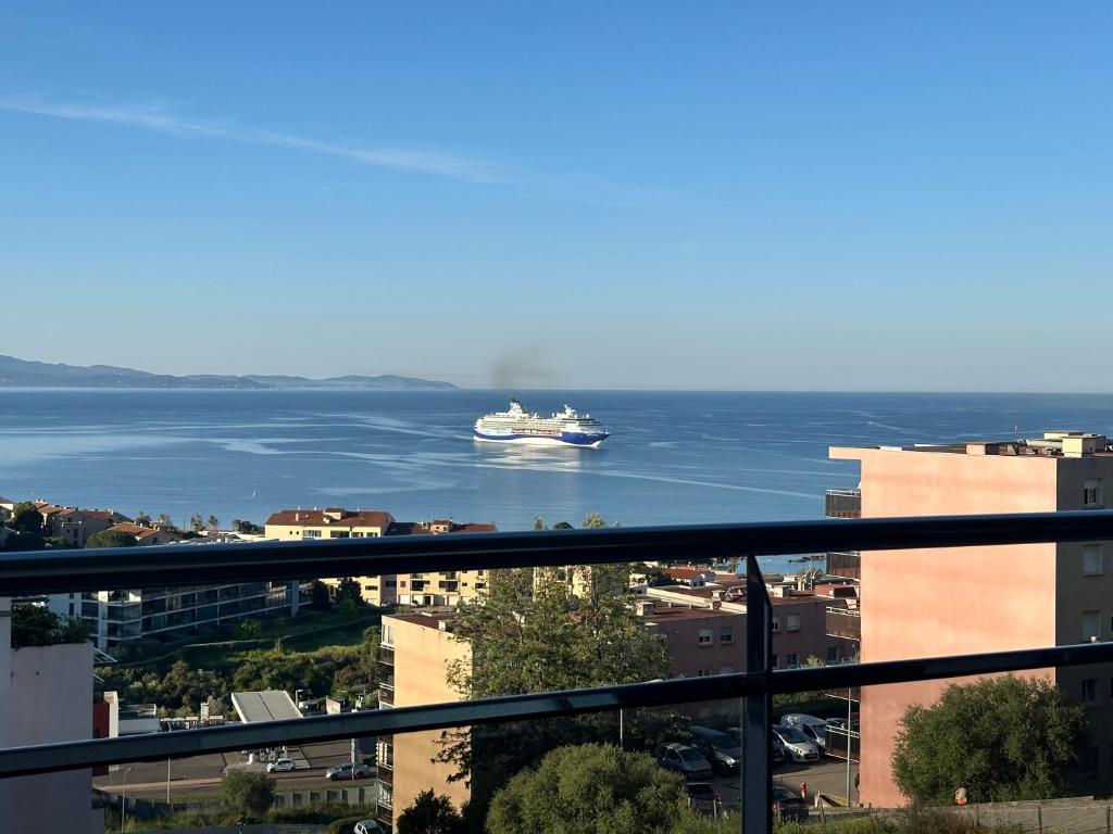 un navire de croisière dans l'eau d'une ville dans l'établissement Charmant T2 vue mer, à Ajaccio