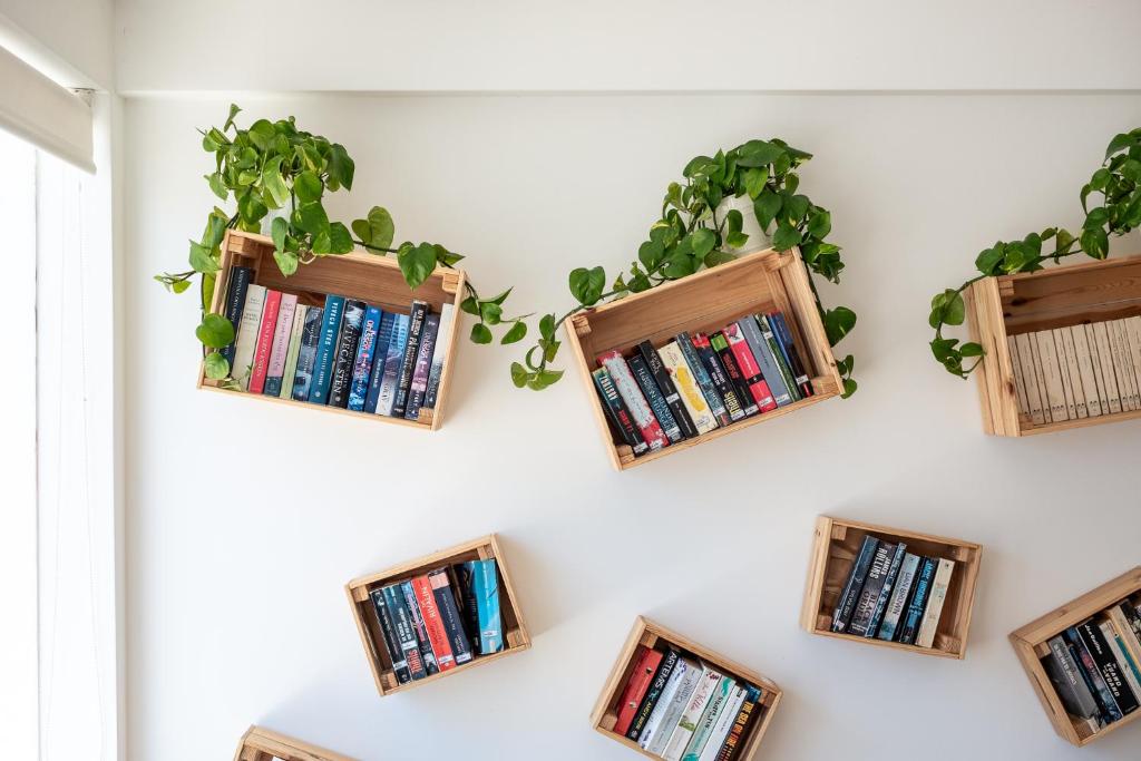 a wall with wooden bookshelves with books at Estudios Salinas - Fuseta in Fuzeta