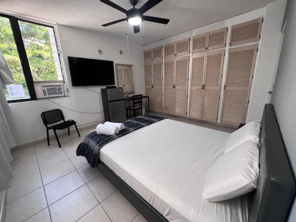 una camera da letto con un letto e una TV a schermo piatto di Habitación céntrica y espaciosa con A/A a Città di Panama