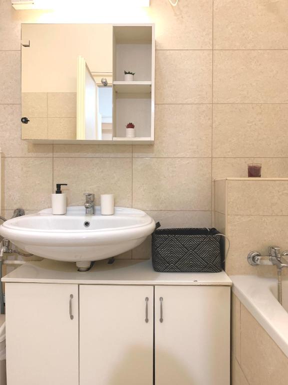 łazienka z umywalką i lustrem w obiekcie Alföldi Palace Apartman w Debreczynie
