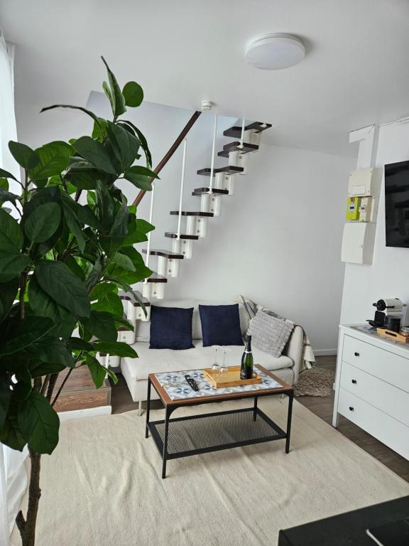 un salon avec un canapé et une table basse dans l'établissement Grand duplex Stade de France 21 pour 4 personnes, à Saint-Denis