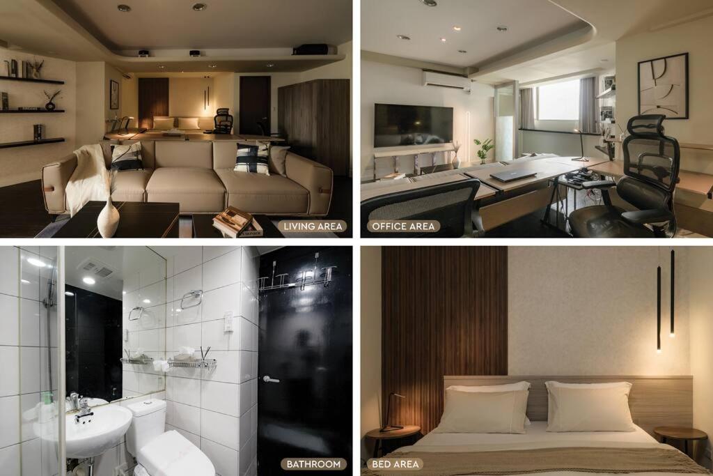 a collage of three pictures of a hotel room at Philosopher's Oasis, 30sec to ZhongXiao Dunhua MRT 哲思淨地 忠孝敦化站步行30秒 in Taipei
