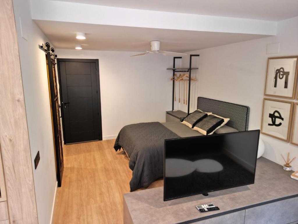 a bedroom with a bed and a flat screen tv at Apartament l'Or Blanc in Cardona