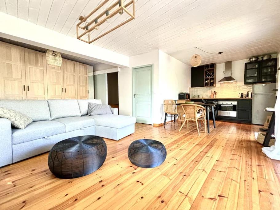 - un salon avec un canapé et deux sphères à l'étage dans l'établissement Appartement intimiste proche de la mer, à Arcachon
