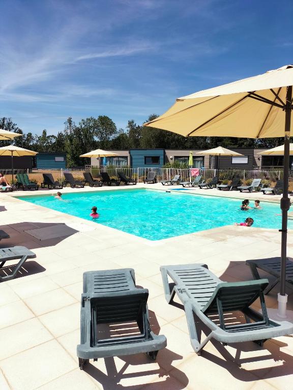 une piscine avec deux chaises longues et un parasol dans l'établissement Terres de France - Le Domaine du Moulin Neuf, à Rochefort-en-Terre