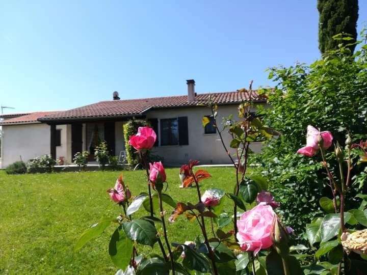 une maison avec des roses roses roses devant une cour dans l'établissement Location maison Périgord, Couze 3 chambres, à Couze-et-Saint-Front
