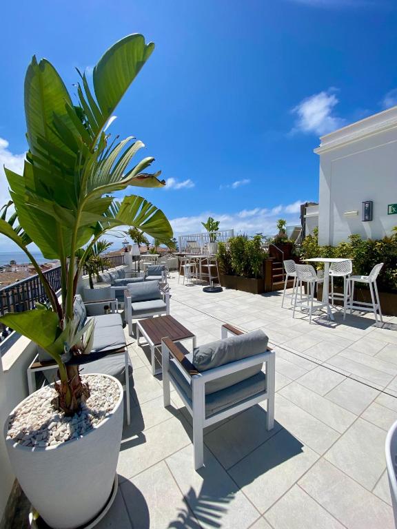 a patio with chairs and a potted plant on a roof at La Puerta de Nerja BOUTIQUE - Adults Recommended in Nerja
