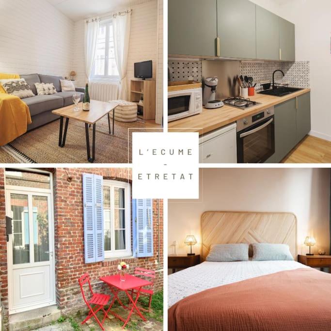 un collage de photos d'une cuisine et d'un salon dans l'établissement L'Ecume - Maison avec terrasse à 50m de la mer, à Étretat