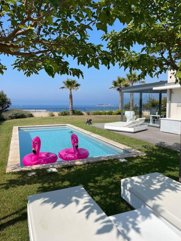une image d'une piscine avec des flamants roses gonflables dans l'établissement Maison-Appartement La Palmeraie piscine et magnifique vue mer, à Sanary-sur-Mer