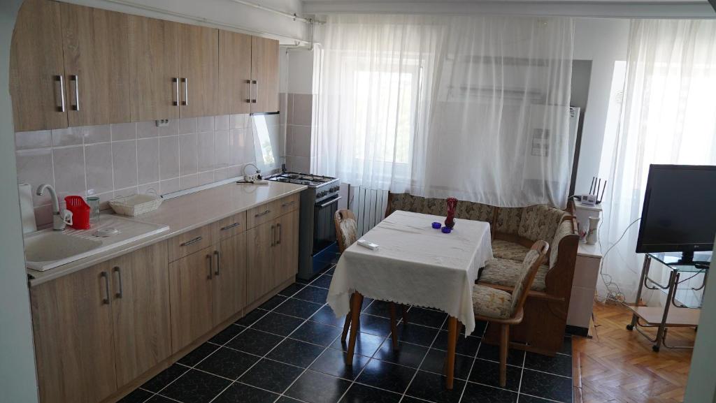 a kitchen with a table and a sink and a stove at Apart Portul Turistic in Mangalia