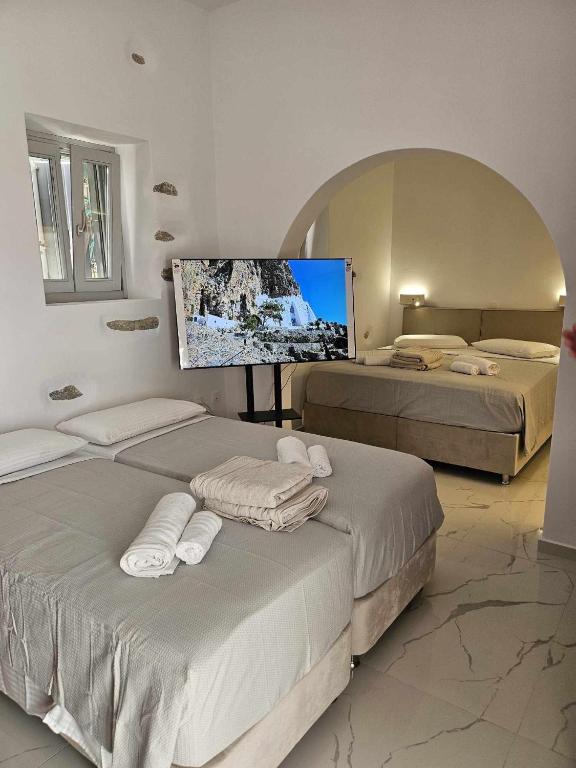a hotel room with two beds and a flat screen tv at Aristotelis Homes in Katapola