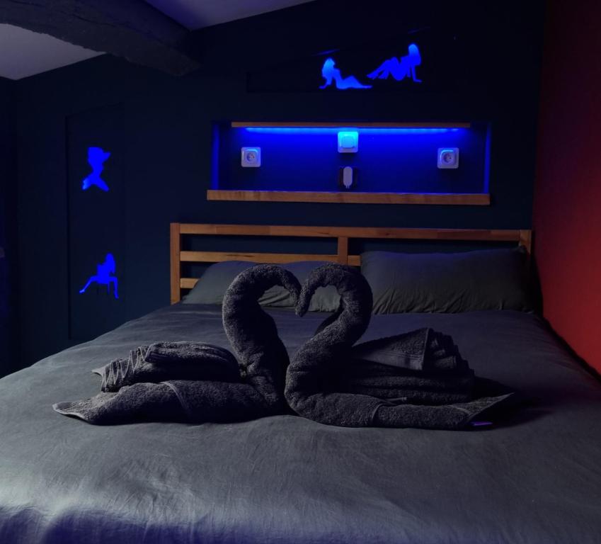 two swans laying on a bed in a dark room at Appartement Romantique Climatisé BELORIZON - 30 min de la mer in Pignans
