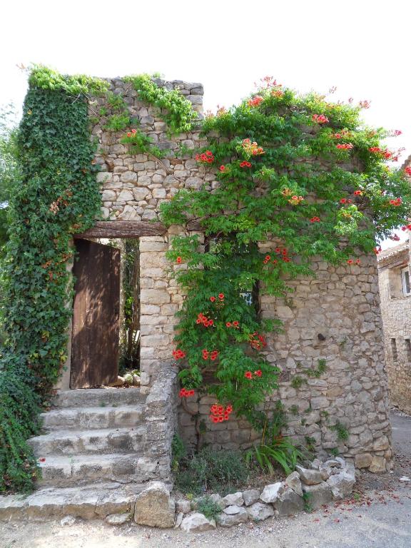 - un bâtiment en pierre avec des fleurs rouges dans l'établissement maison familiale, à Saint-Trinit