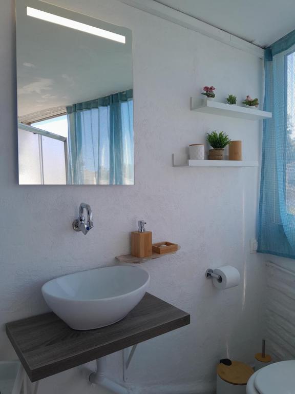 a bathroom with a large white sink and a mirror at Stefanos' Art House in Halikounas
