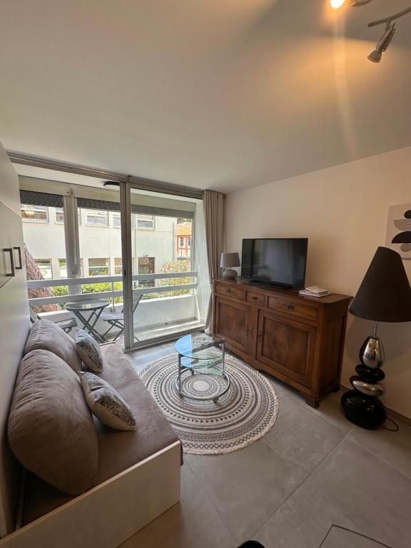 un salon avec un canapé et une télévision dans l'établissement Superbe studio climatisé sur le port de Hyeres, à Hyères